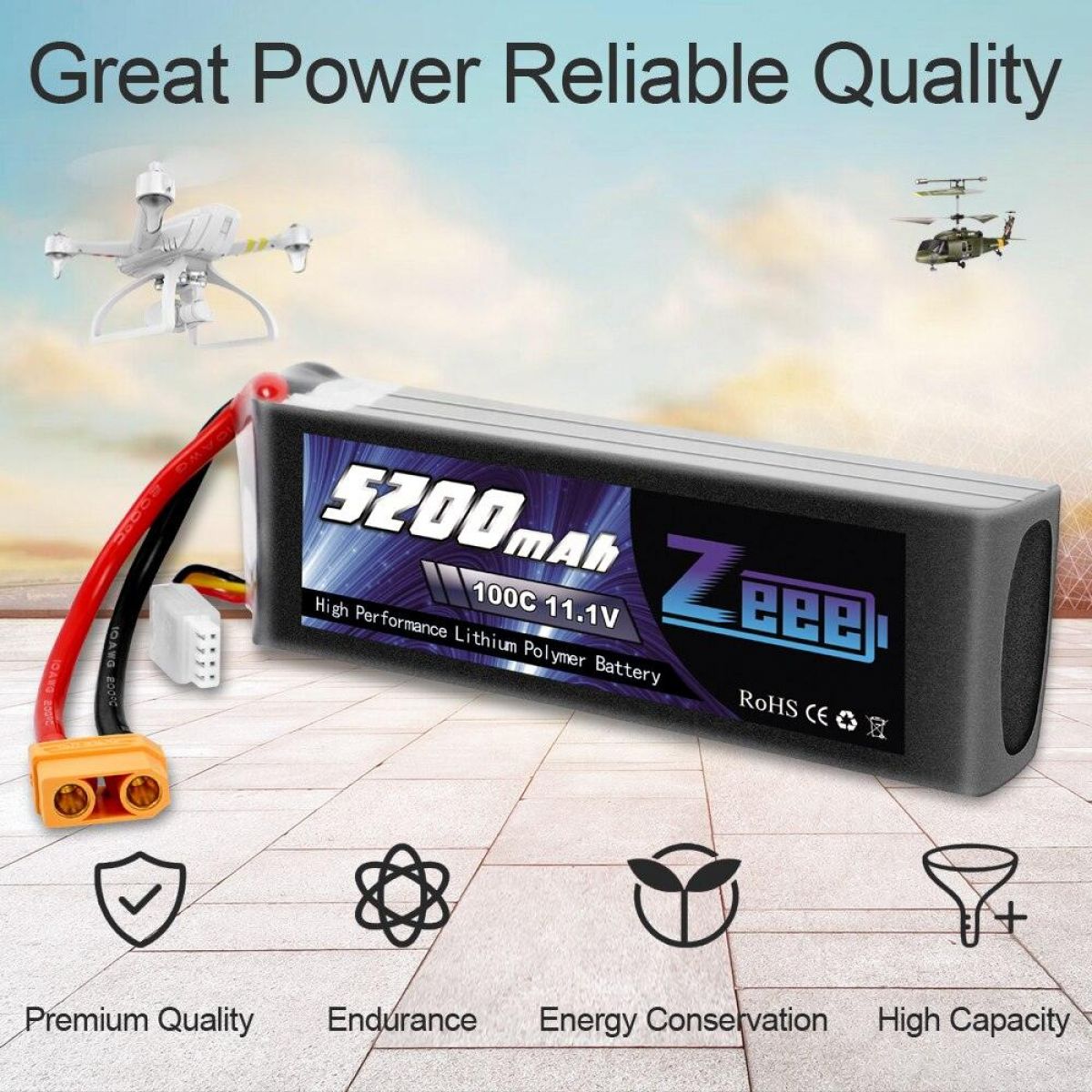 Zeee 5200mAh 100C 11.1V 3S LiPo аккумулятор с XT90, графеновый для RC авто, дрона, самолёта Zeee 5200mAh 100C 11.1V 3S LiPo аккумулятор с XT90, графеновый для RC авто, дрона, самолёта
