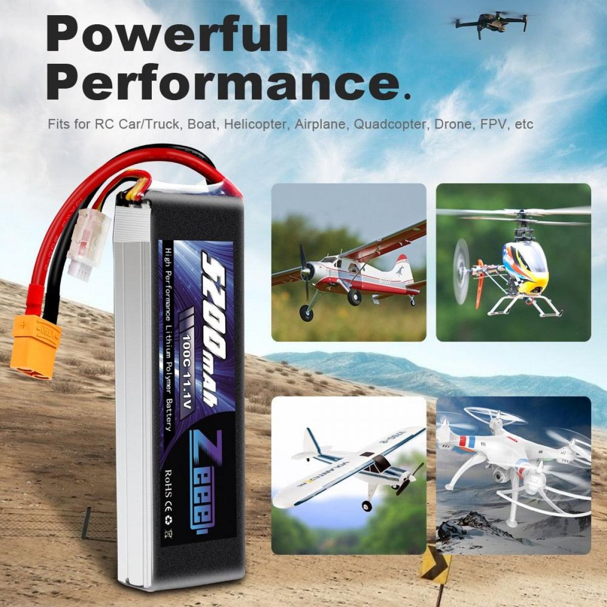 Zeee 5200mAh 100C 11.1V 3S LiPo аккумулятор с XT90, графеновый для RC авто, дрона, самолёта Zeee 5200mAh 100C 11.1V 3S LiPo аккумулятор с XT90, графеновый для RC авто, дрона, самолёта