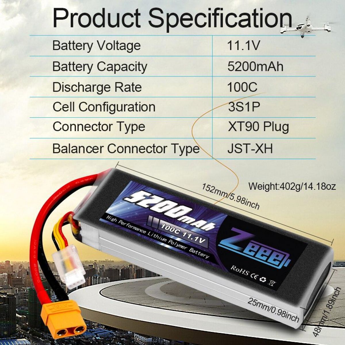 Zeee 5200mAh 100C 11.1V 3S LiPo аккумулятор с XT90, графеновый для RC авто, дрона, самолёта Zeee 5200mAh 100C 11.1V 3S LiPo аккумулятор с XT90, графеновый для RC авто, дрона, самолёта