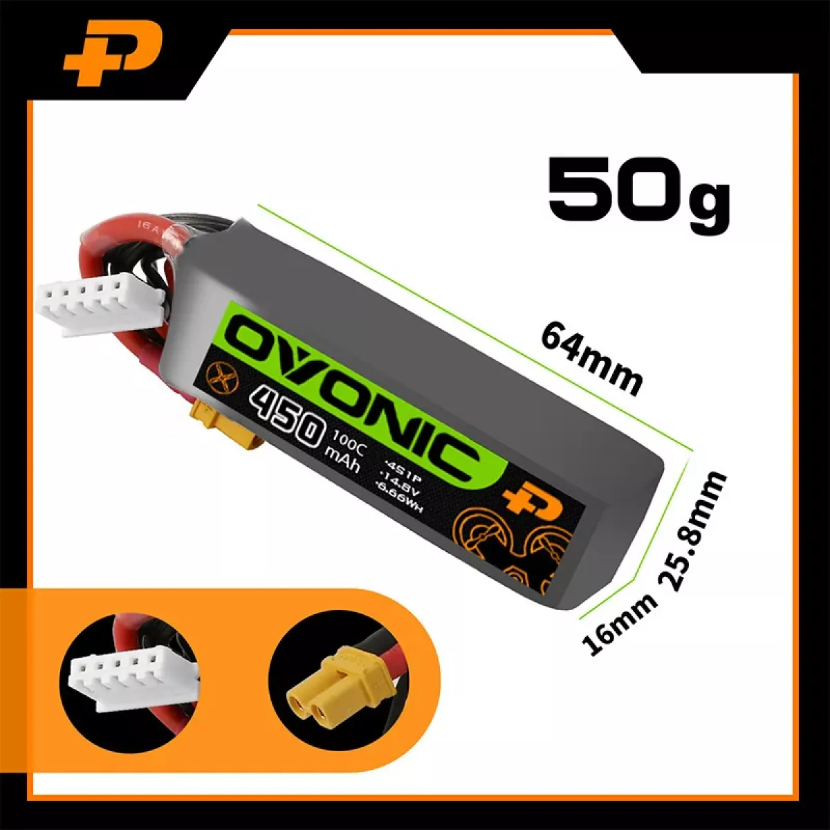 Аккумулятор Ovonic 14.8V 4S 450mAh 100C LIPO для дрона с разъёмом XT30 Аккумулятор Ovonic 14.8V 4S 450mAh 100C LIPO для дрона с разъёмом XT30