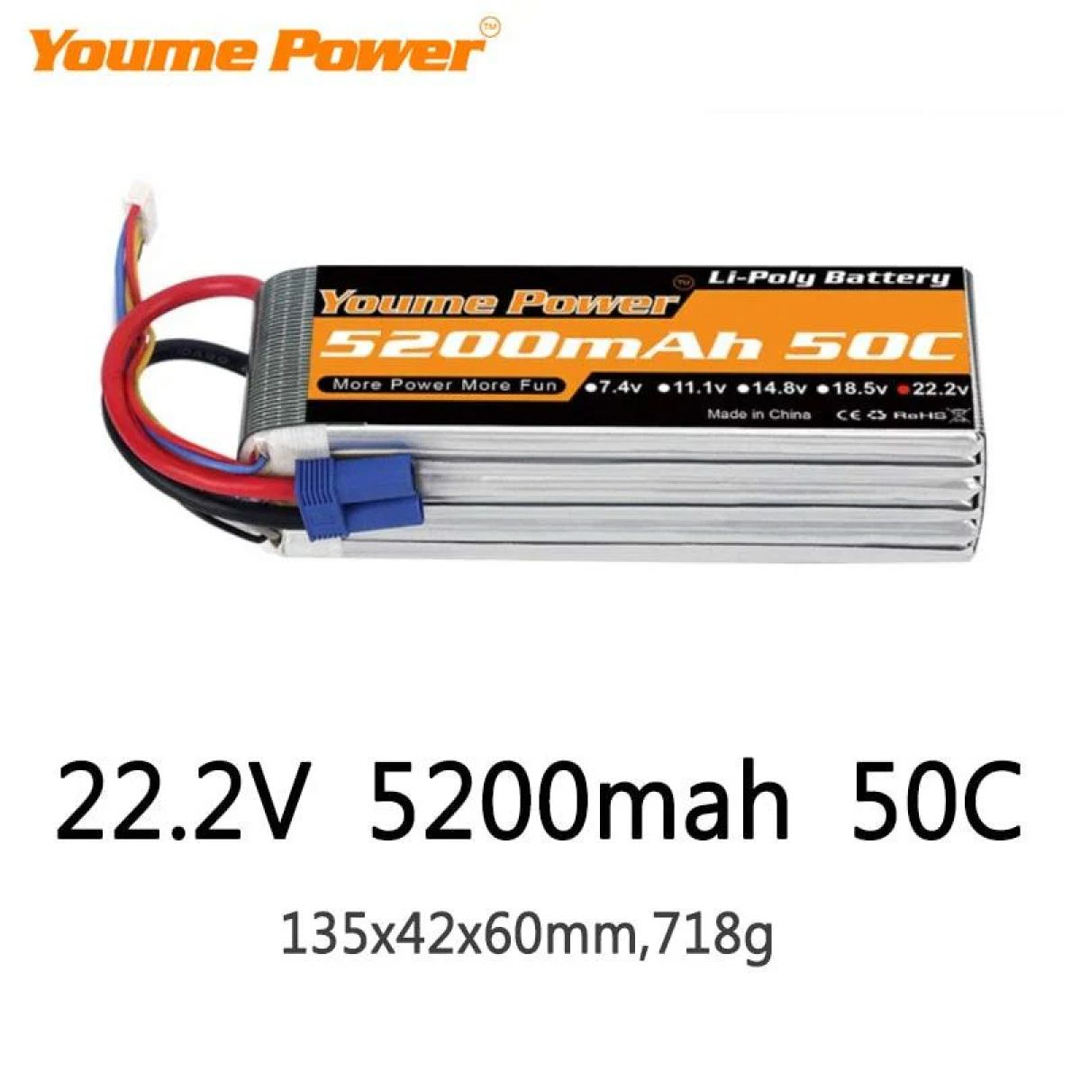 Аккумулятор Youme 6S 22.2В 5200мАч LiPo 50C XT60 T XT90 XT150 EC3 EC5 для моделей вертолётов, самолётов, лодок, квадрокоптеров Аккумулятор Youme 6S 22.2В 5200мАч LiPo 50C XT60 T XT90 XT150 EC3 EC5 для моделей вертолётов, самолётов, лодок, квадрокоптеров