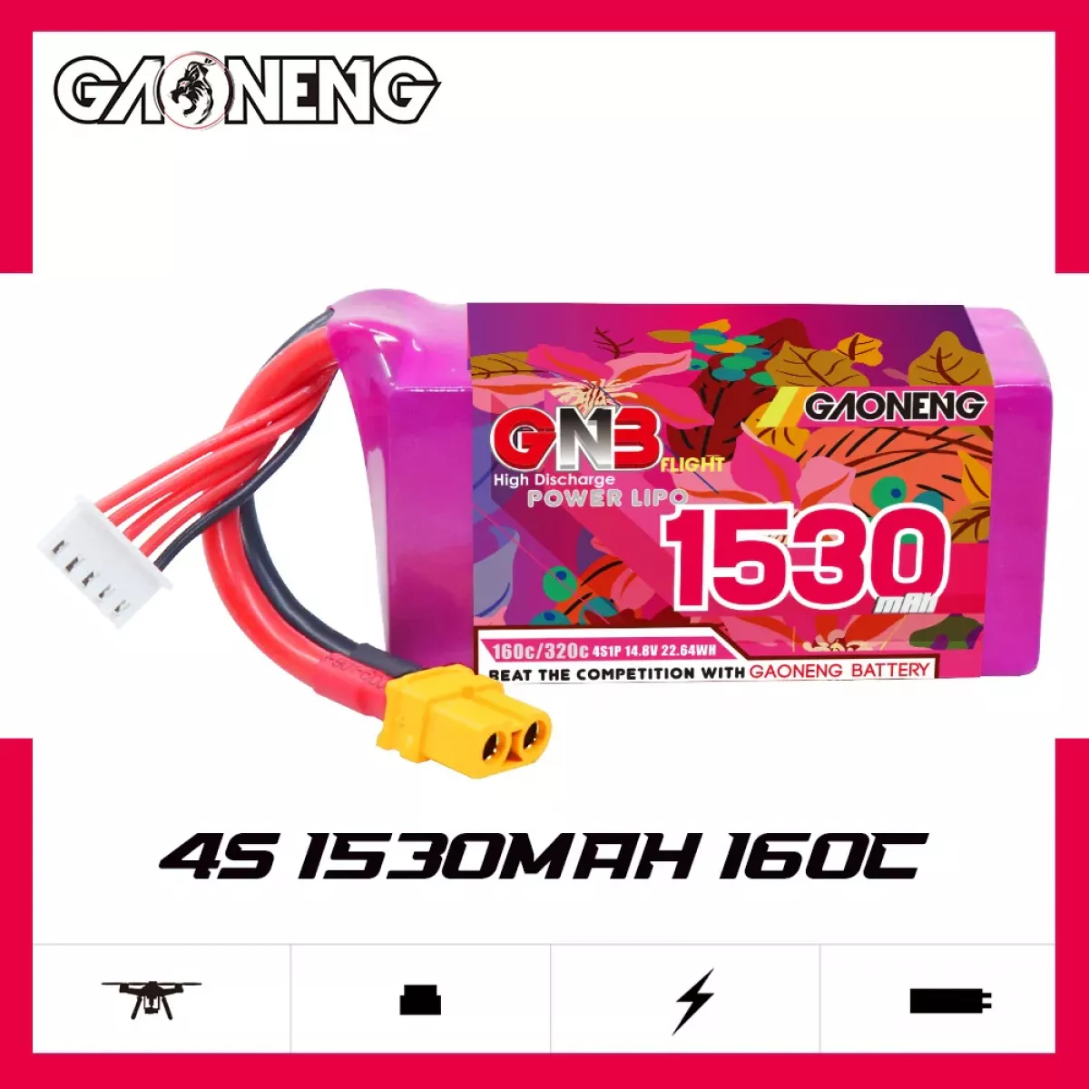 Аккумулятор GNB Lipo 4S/6S/8S 14.8В/22.2В/29.6В 1530мАч 160C с разъёмом XT60 для дронов Аккумулятор GNB Lipo 4S/6S/8S 14.8В/22.2В/29.6В 1530мАч 160C с разъёмом XT60 для дронов