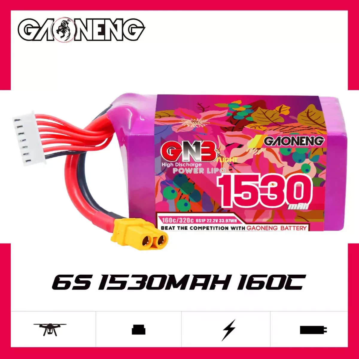 Аккумулятор GNB Lipo 4S/6S/8S 14.8В/22.2В/29.6В 1530мАч 160C с разъёмом XT60 для дронов Аккумулятор GNB Lipo 4S/6S/8S 14.8В/22.2В/29.6В 1530мАч 160C с разъёмом XT60 для дронов