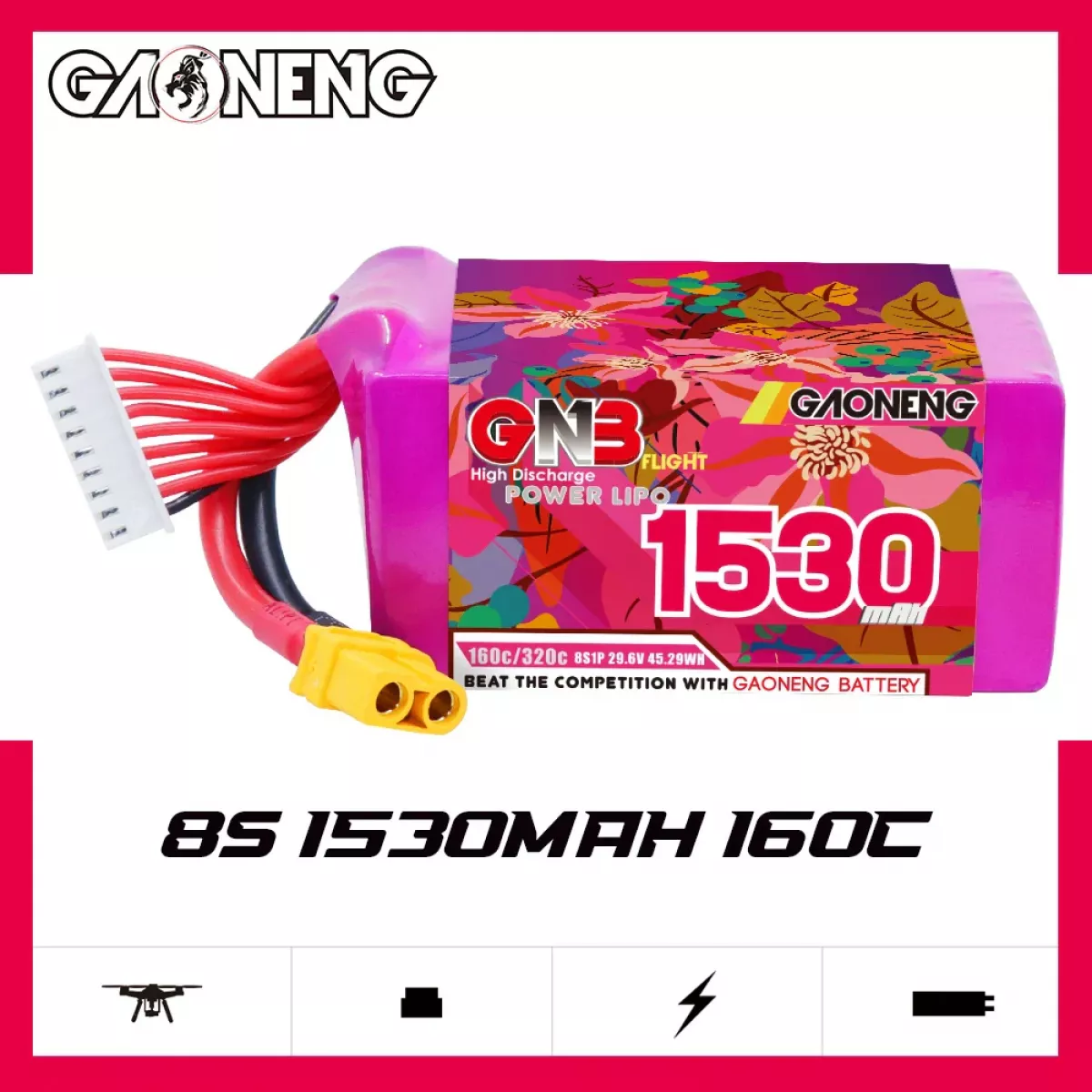Аккумулятор GNB Lipo 4S/6S/8S 14.8В/22.2В/29.6В 1530мАч 160C с разъёмом XT60 для дронов Аккумулятор GNB Lipo 4S/6S/8S 14.8В/22.2В/29.6В 1530мАч 160C с разъёмом XT60 для дронов