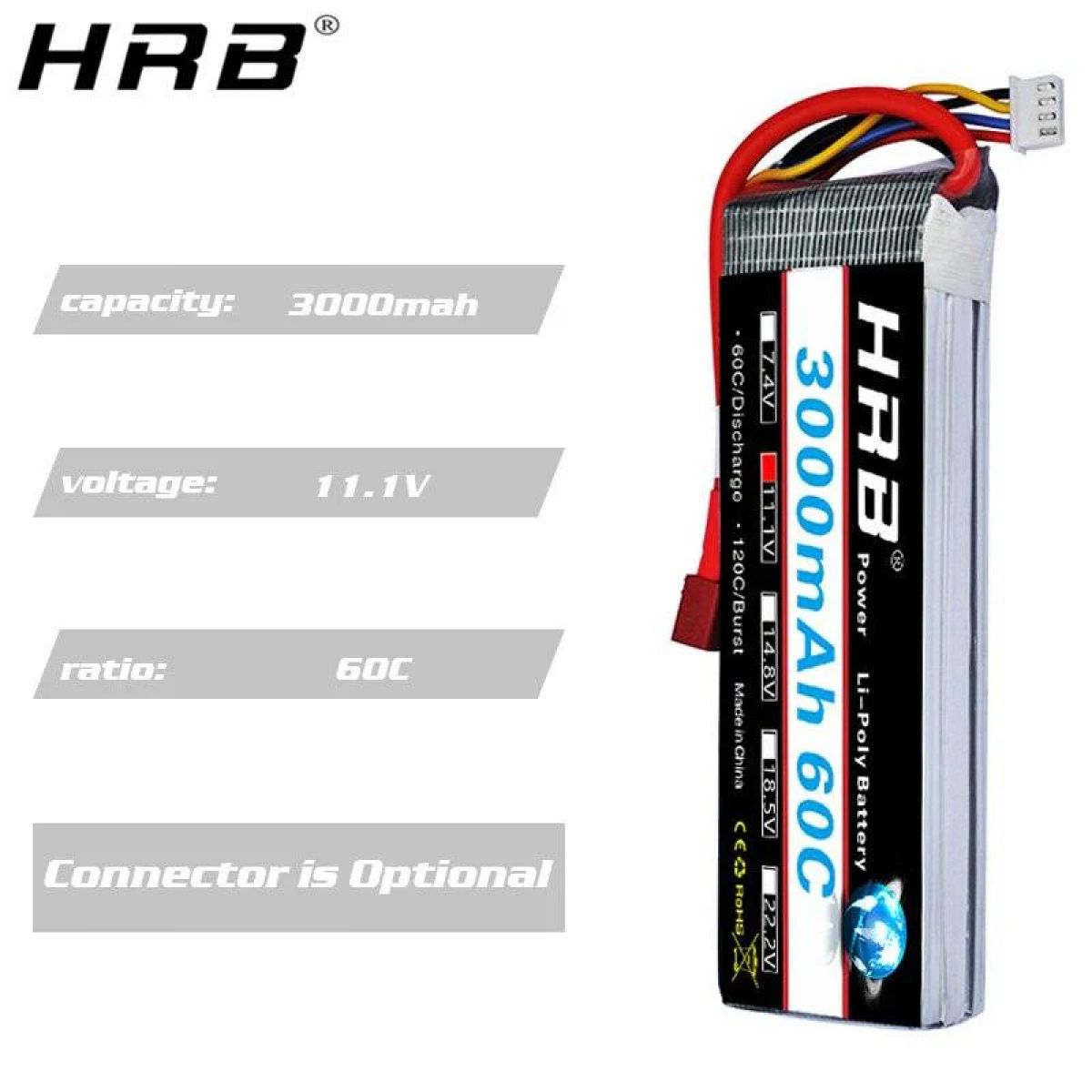 Аккумулятор HRB 3S 11.1В 3000мАч LiPo 60C с разъёмами XT60 EC5 T Deans XT90 для RC моделей Аккумулятор HRB 3S 11.1В 3000мАч LiPo 60C с разъёмами XT60 EC5 T Deans XT90 для RC моделей