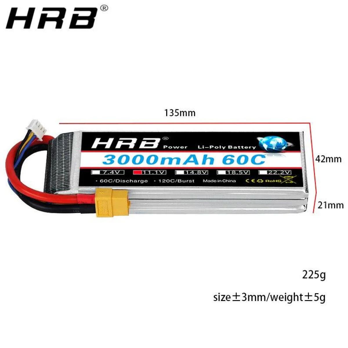 Аккумулятор HRB 3S 11.1В 3000мАч LiPo 60C с разъёмами XT60 EC5 T Deans XT90 для RC моделей Аккумулятор HRB 3S 11.1В 3000мАч LiPo 60C с разъёмами XT60 EC5 T Deans XT90 для RC моделей