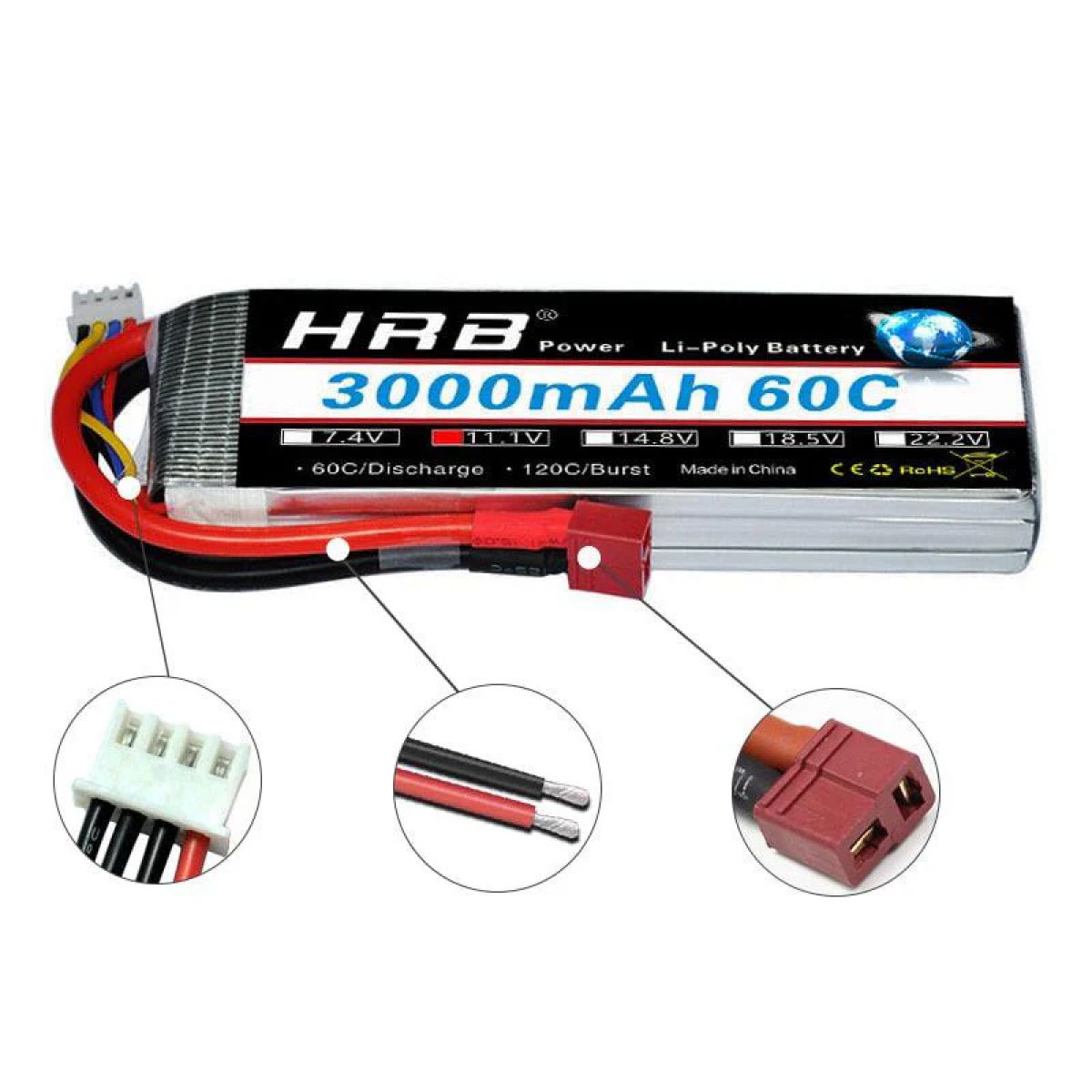 Аккумулятор HRB 3S 11.1В 3000мАч LiPo 60C с разъёмами XT60 EC5 T Deans XT90 для RC моделей Аккумулятор HRB 3S 11.1В 3000мАч LiPo 60C с разъёмами XT60 EC5 T Deans XT90 для RC моделей
