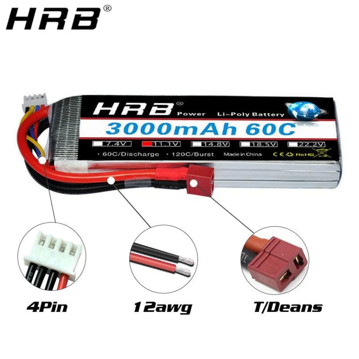 Аккумулятор HRB 3S 11.1В 3000мАч LiPo 60C с разъёмами XT60 EC5 T Deans XT90 для RC моделей Аккумулятор HRB 3S 11.1В 3000мАч LiPo 60C с разъёмами XT60 EC5 T Deans XT90 для RC моделей