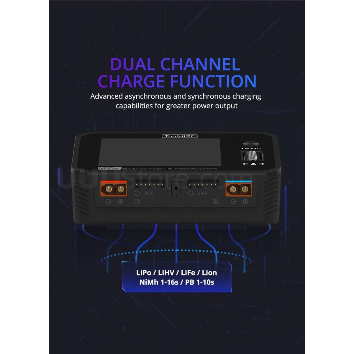 Зарядное устройство ToolkitRC M6DAC 350Вт x2 USB-C 65Вт AC/DC для 1-6S Lipo LiHV Lion NiMh Pb Зарядное устройство ToolkitRC M6DAC 350Вт x2 USB-C 65Вт AC/DC для 1-6S Lipo LiHV Lion NiMh Pb