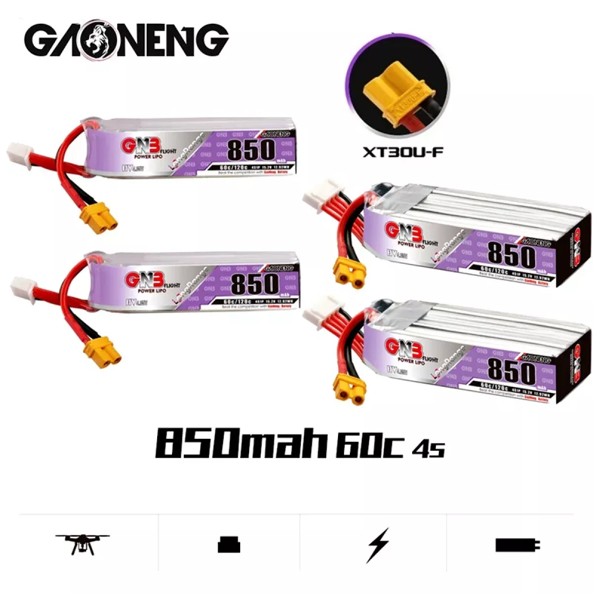 GAONENG GNB LiPo аккумулятор 4S HV 15.2В 850мАч 60C/120C с разъёмом XT30U-F GAONENG GNB LiPo аккумулятор 4S HV 15.2В 850мАч 60C/120C с разъёмом XT30U-F