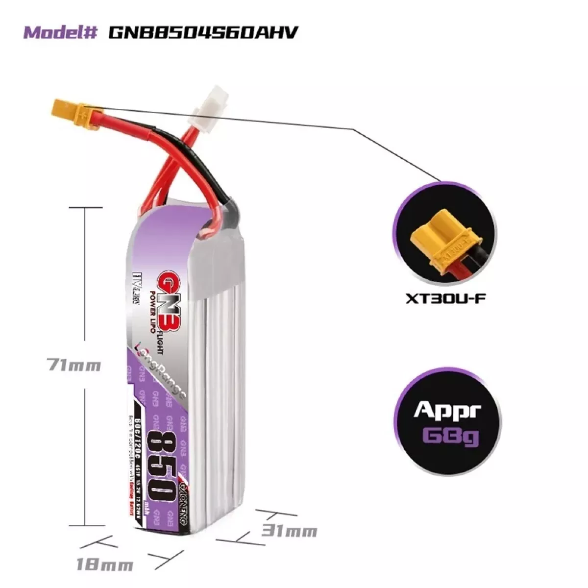 GAONENG GNB LiPo аккумулятор 4S HV 15.2В 850мАч 60C/120C с разъёмом XT30U-F GAONENG GNB LiPo аккумулятор 4S HV 15.2В 850мАч 60C/120C с разъёмом XT30U-F