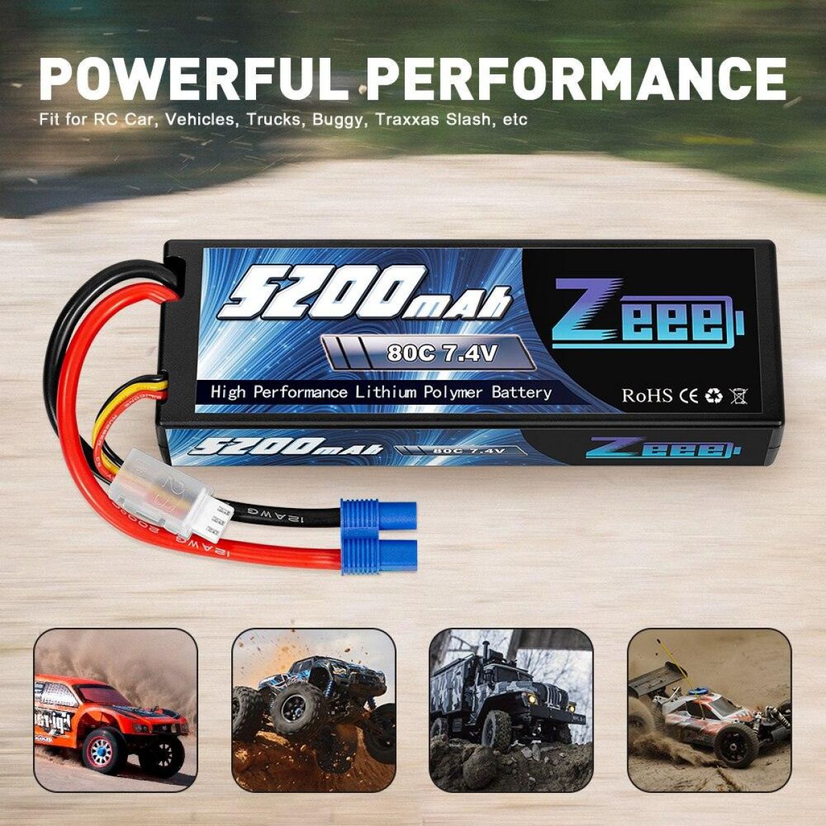 2 шт. Zeee 7.4V 5200mAh 80C 2S LiPo аккумулятор Hard Case с EC3 для RC авто, вертолёта, дрона, FPV 2 шт. Zeee 7.4V 5200mAh 80C 2S LiPo аккумулятор Hard Case с EC3 для RC авто, вертолёта, дрона, FPV