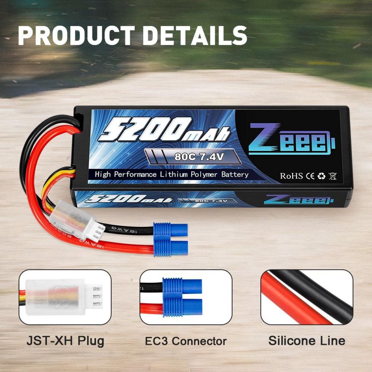 2 шт. Zeee 7.4V 5200mAh 80C 2S LiPo аккумулятор Hard Case с EC3 для RC авто, вертолёта, дрона, FPV 2 шт. Zeee 7.4V 5200mAh 80C 2S LiPo аккумулятор Hard Case с EC3 для RC авто, вертолёта, дрона, FPV