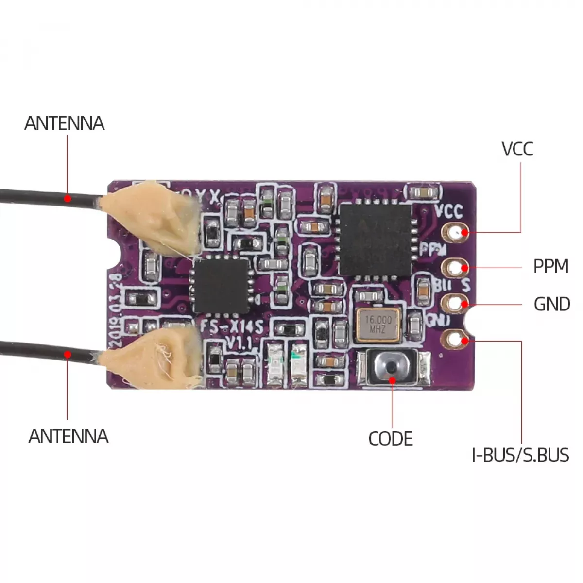 Приёмник FlySky FS-X14S 2.4ГГц 14CH, PPM, i-BUS, S.BUS для передатчиков FlySky FS-i6, FS-i6X, NV14 Приёмник FlySky FS-X14S 2.4ГГц 14CH, PPM, i-BUS, S.BUS для передатчиков FlySky FS-i6, FS-i6X, NV14