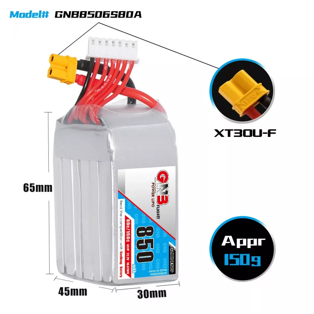 GaoNeng GNB 6S 22.2В 850мАч 80C/160C LiPo аккумулятор для FPV гоночного квадрокоптера GaoNeng GNB 6S 22.2В 850мАч 80C/160C LiPo аккумулятор для FPV гоночного квадрокоптера
