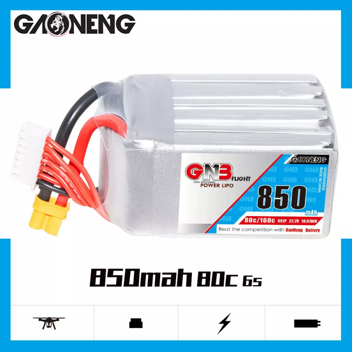 GaoNeng GNB 6S 22.2В 850мАч 80C/160C LiPo аккумулятор для FPV гоночного квадрокоптера GaoNeng GNB 6S 22.2В 850мАч 80C/160C LiPo аккумулятор для FPV гоночного квадрокоптера