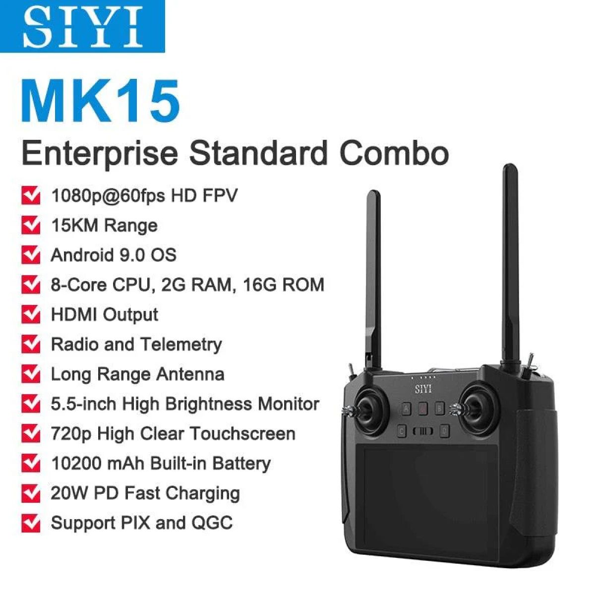 SIYI MK15 Mini Радиосистема, пульт ДУ, 5.5" HB-экран, 1080p FPV, 15KM, Android, 2ГБ/16ГБ SIYI MK15 Mini Радиосистема, пульт ДУ, 5.5" HB-экран, 1080p FPV, 15KM, Android, 2ГБ/16ГБ
