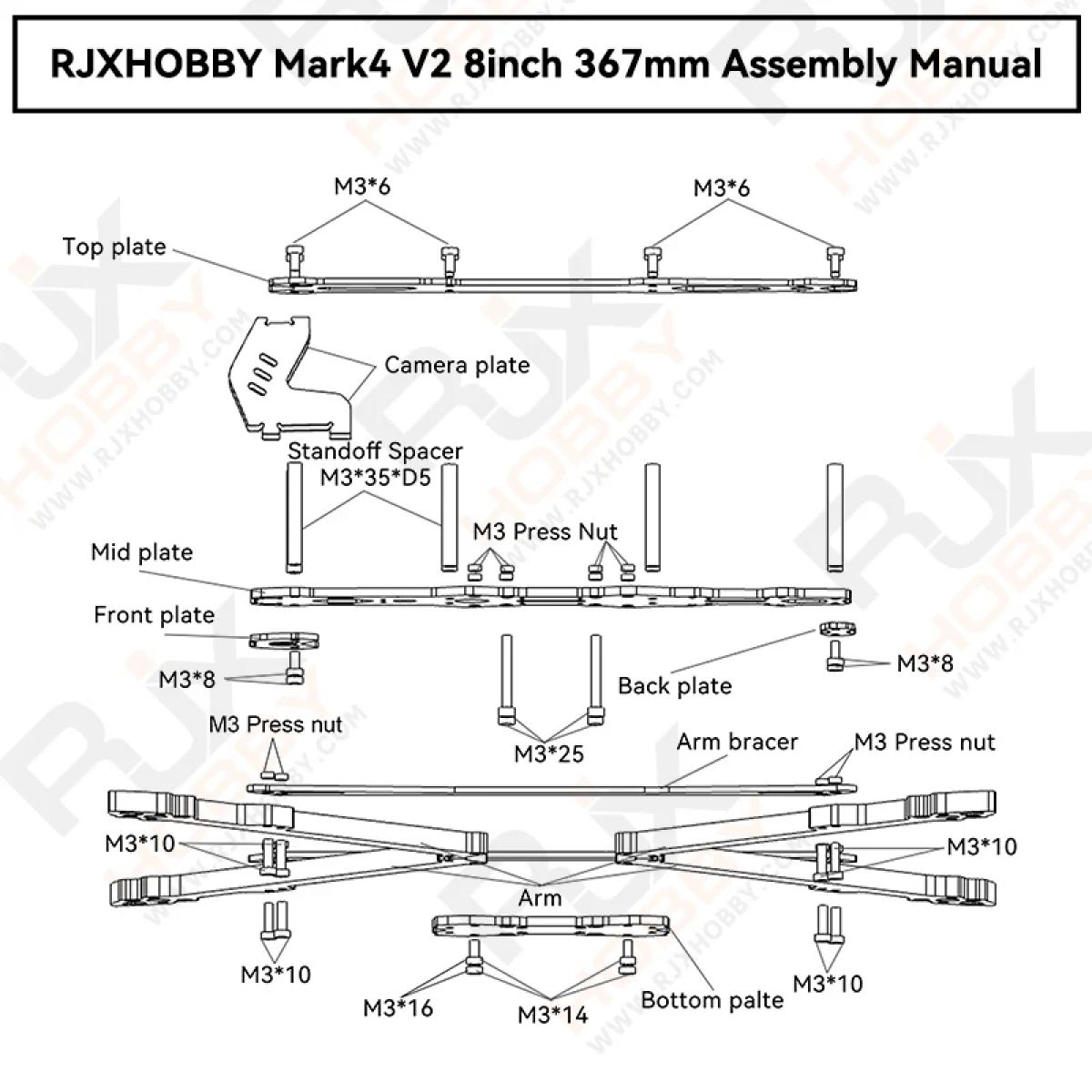 Каркас RJXHOBBY Mark4 V2 367мм, карбон, матовый, 8" FPV для дальнего полёта, комплект Каркас RJXHOBBY Mark4 V2 367мм, карбон, матовый, 8" FPV для дальнего полёта, комплект