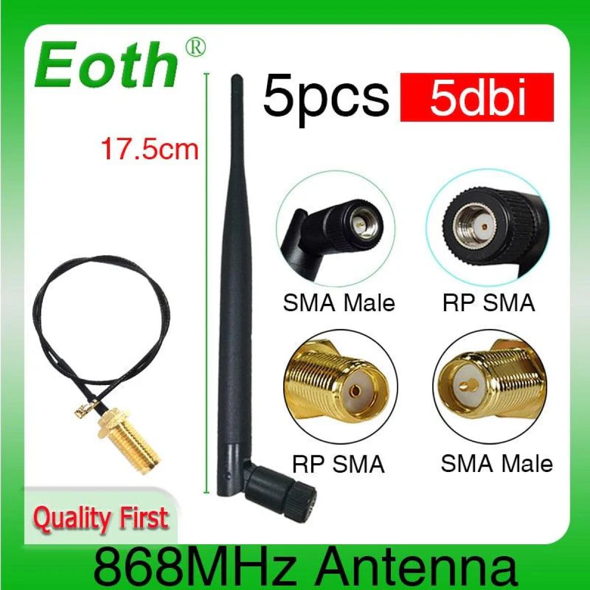 Антенна SMA 5 шт. 5dBi, 868/915 МГц LoRaWAN, GSM 21 см, разъем IPEX, 1 кабель Антенна SMA 5 шт. 5dBi, 868/915 МГц LoRaWAN, GSM 21 см, разъем IPEX, 1 кабель