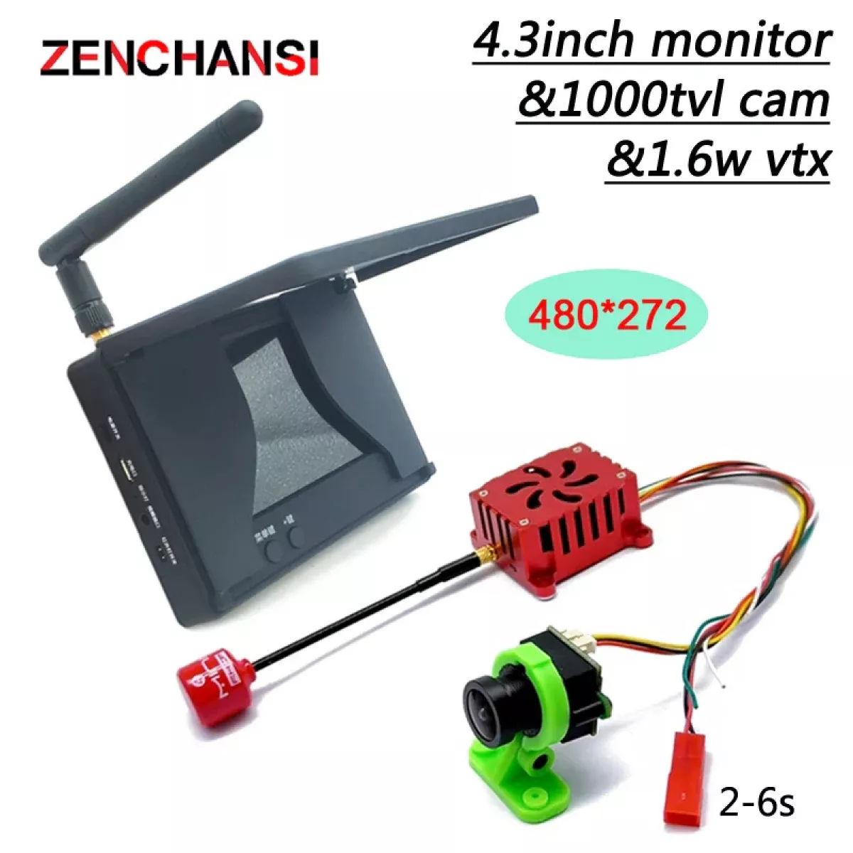 RXCRC 5.8G 48CH 1.6W VTX — Дальний передатчик + CMOS 1000TVL FPV камера + монитор 4,3" с экраном RXCRC 5.8G 48CH 1.6W VTX — Дальний передатчик + CMOS 1000TVL FPV камера + монитор 4,3" с экраном