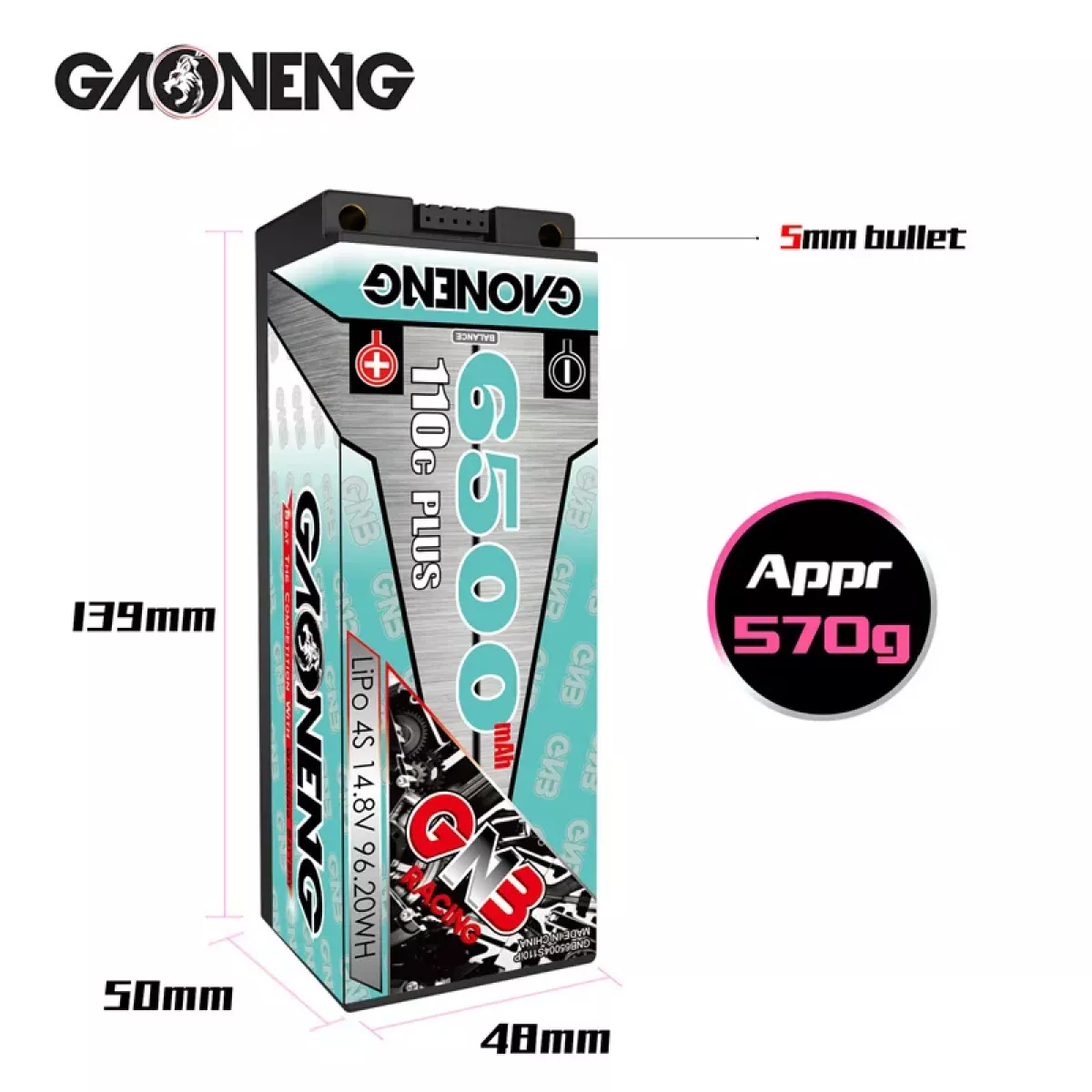 Аккумулятор LiPo GNB 4S 14.8В 6500мАч 110C/220C с жёстким корпусом и разъемом 5мм Bullet Аккумулятор LiPo GNB 4S 14.8В 6500мАч 110C/220C с жёстким корпусом и разъемом 5мм Bullet