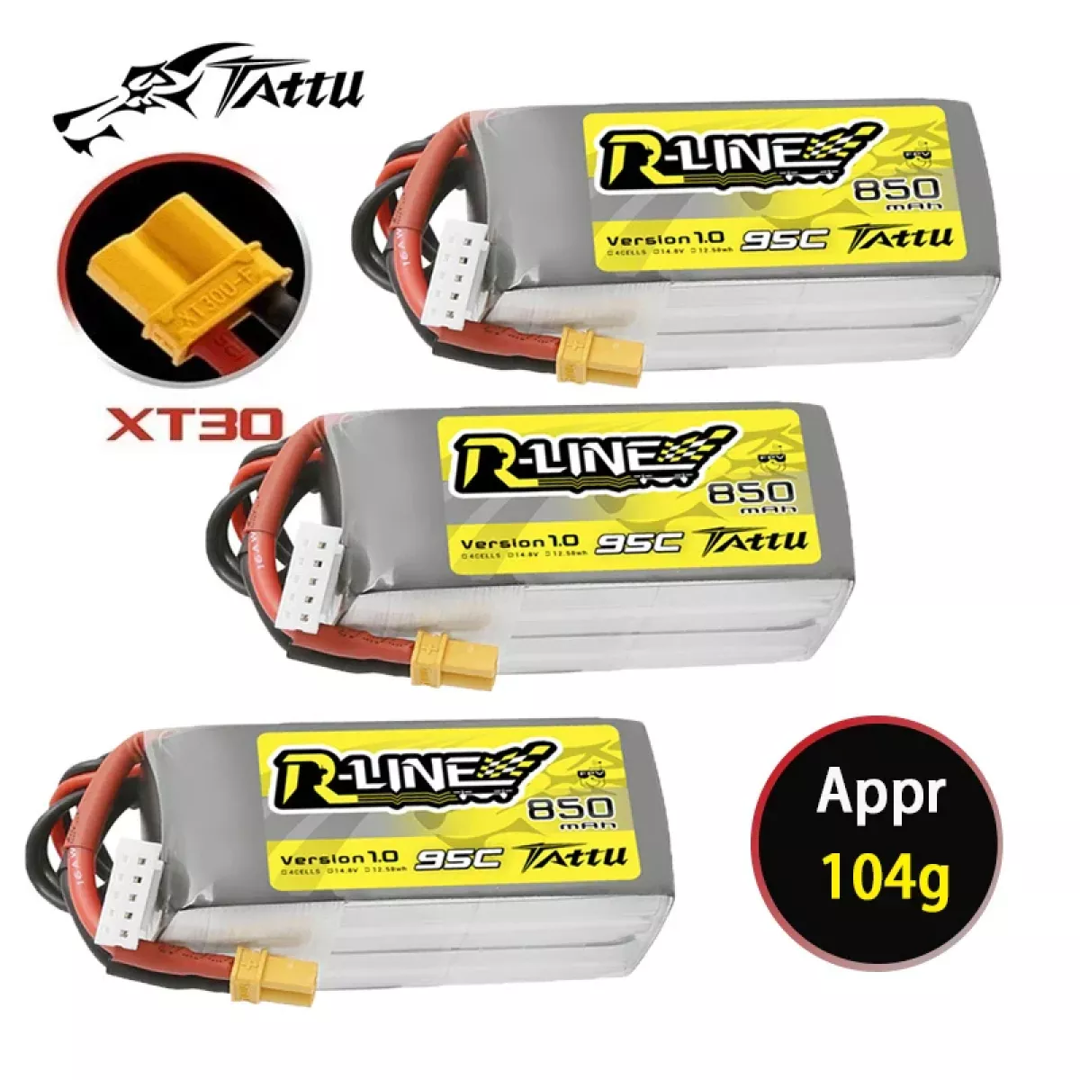 Аккумулятор TATTU R-Line 1.0 14.8V 4S 850mAh 95C LiPo для FPV дронов с разъемом XT30 Аккумулятор TATTU R-Line 1.0 14.8V 4S 850mAh 95C LiPo для FPV дронов с разъемом XT30