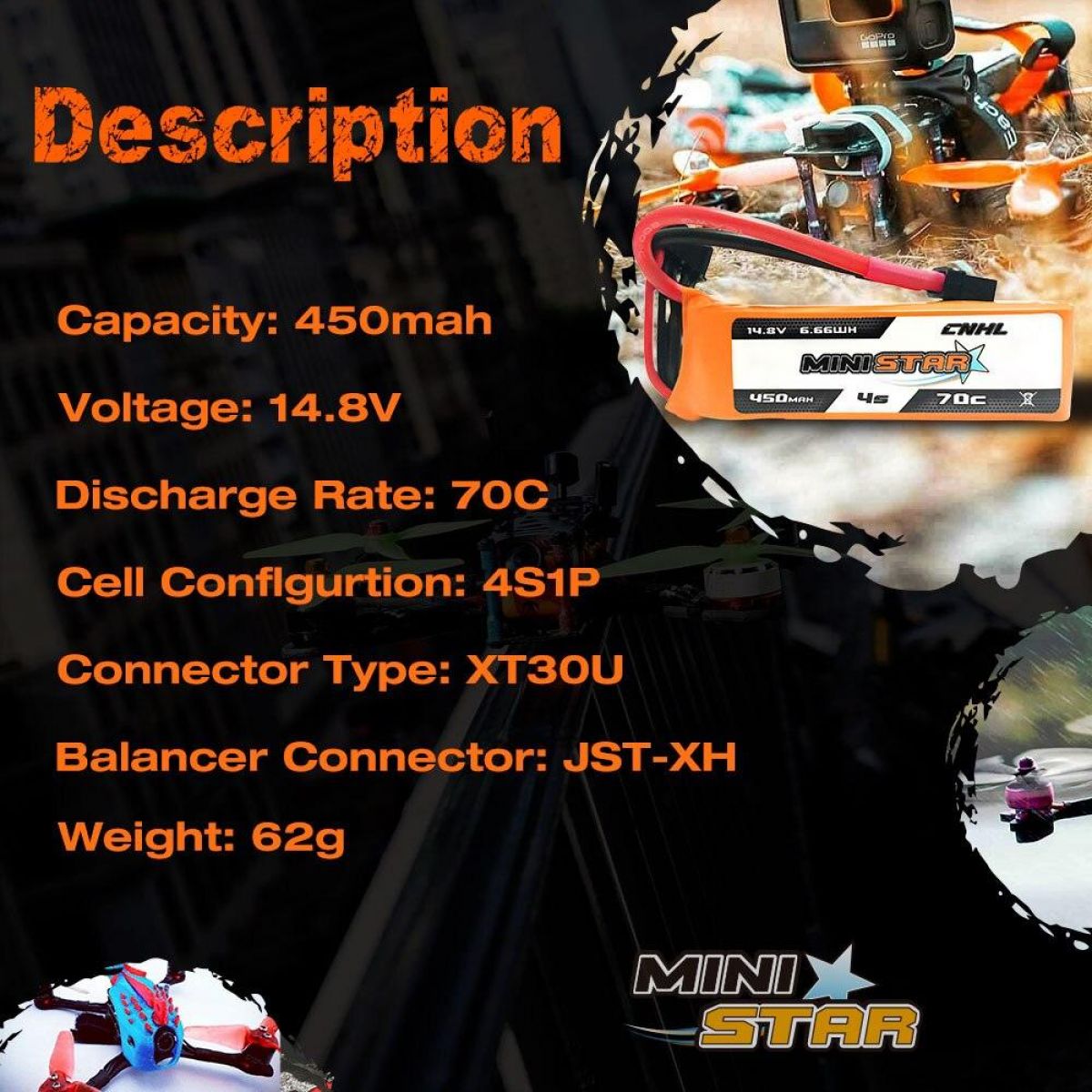Комплект 4 шт. CNHL Lipo 4S 14.8V 450mAh 70C MiniStar XT30 для FPV дронов CineBee Whoop Toothpick Комплект 4 шт. CNHL Lipo 4S 14.8V 450mAh 70C MiniStar XT30 для FPV дронов CineBee Whoop Toothpick