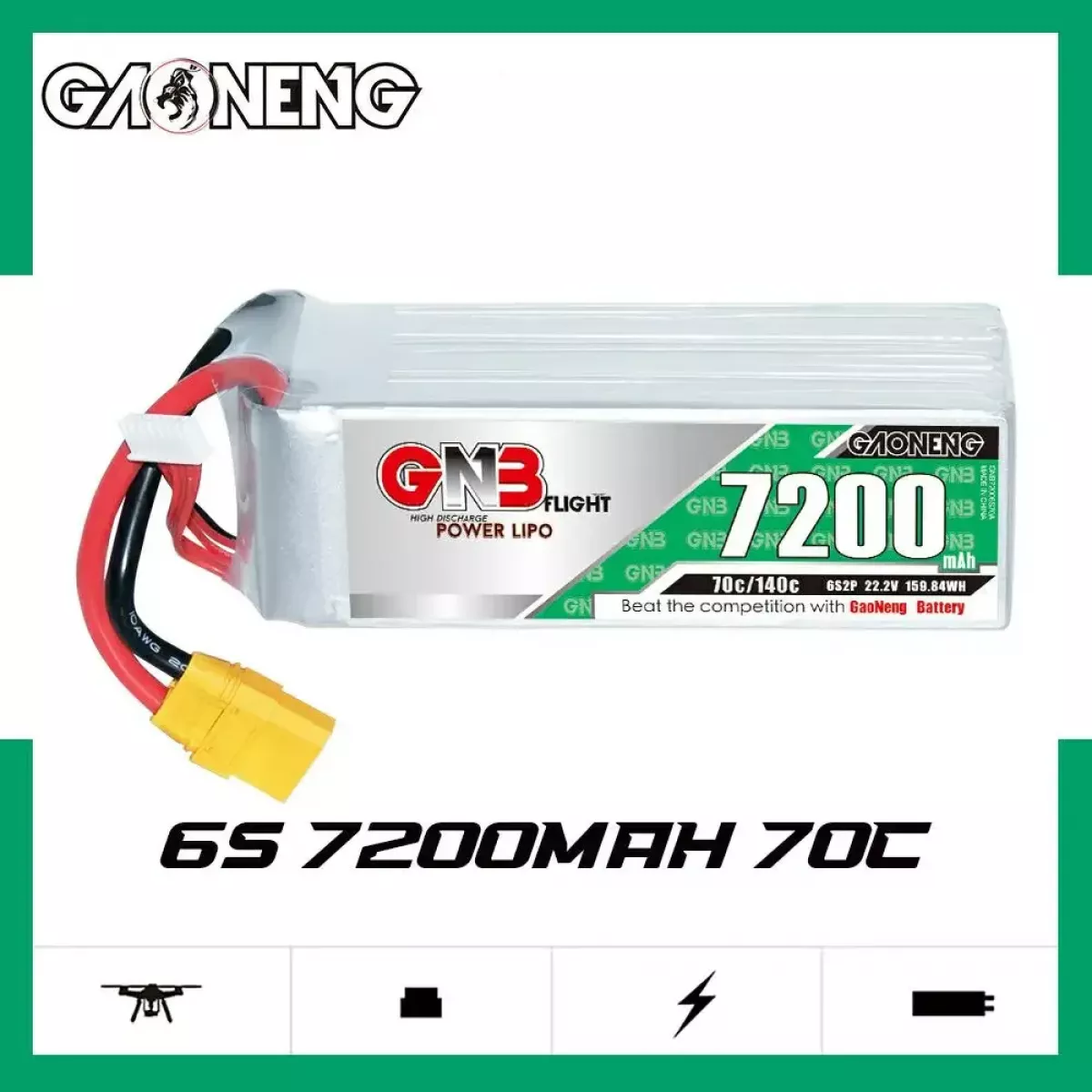 Аккумулятор GNB 6S 22.2В 7200мАч 70C LiPo для дрона с разъёмами XT60/XT90 Аккумулятор GNB 6S 22.2В 7200мАч 70C LiPo для дрона с разъёмами XT60/XT90
