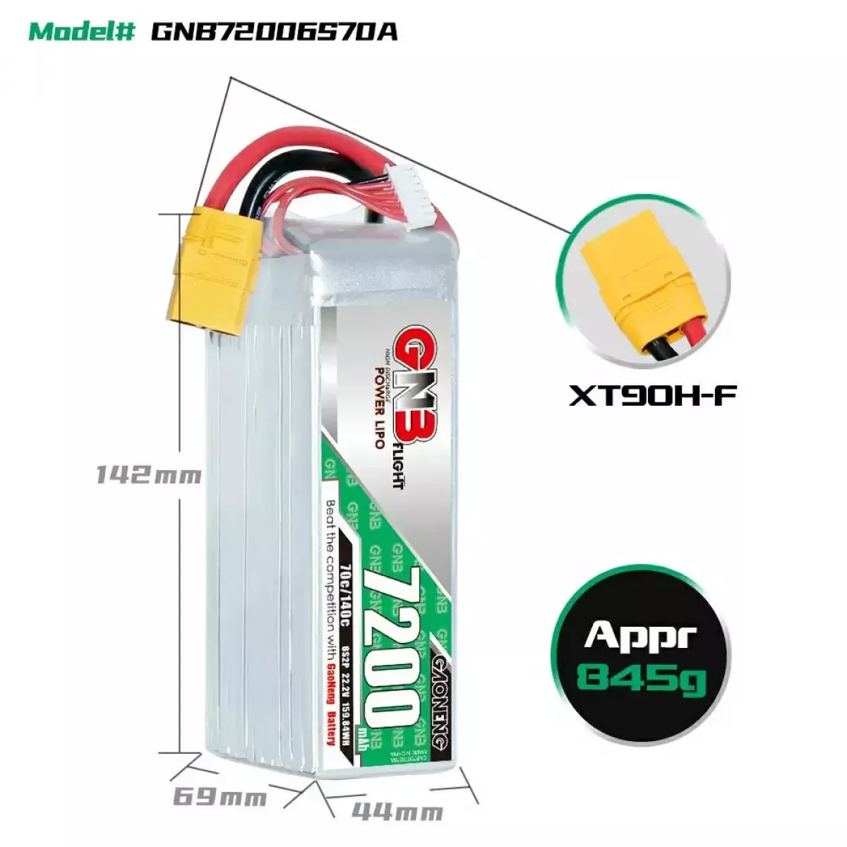 Аккумулятор GNB 6S 22.2В 7200мАч 70C LiPo для дрона с разъёмами XT60/XT90 Аккумулятор GNB 6S 22.2В 7200мАч 70C LiPo для дрона с разъёмами XT60/XT90