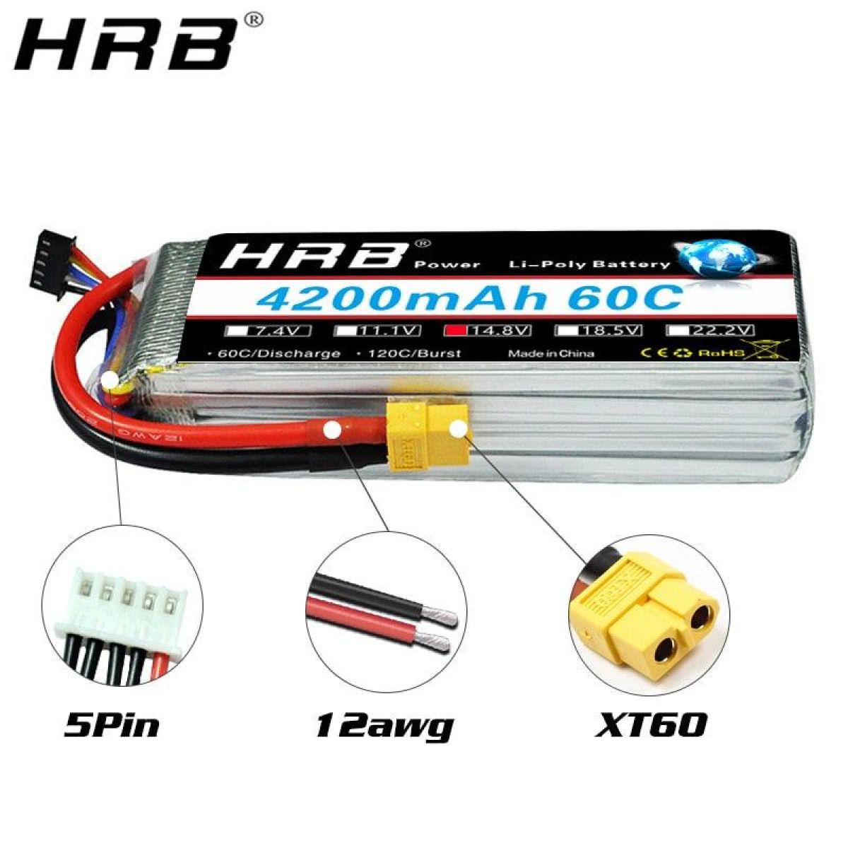 HRB 4200mAh Lipo аккумулятор 14.8В 60C XT60 T Deans для дрона, квадрокоптера, FPV, авто, самолёта HRB 4200mAh Lipo аккумулятор 14.8В 60C XT60 T Deans для дрона, квадрокоптера, FPV, авто, самолёта