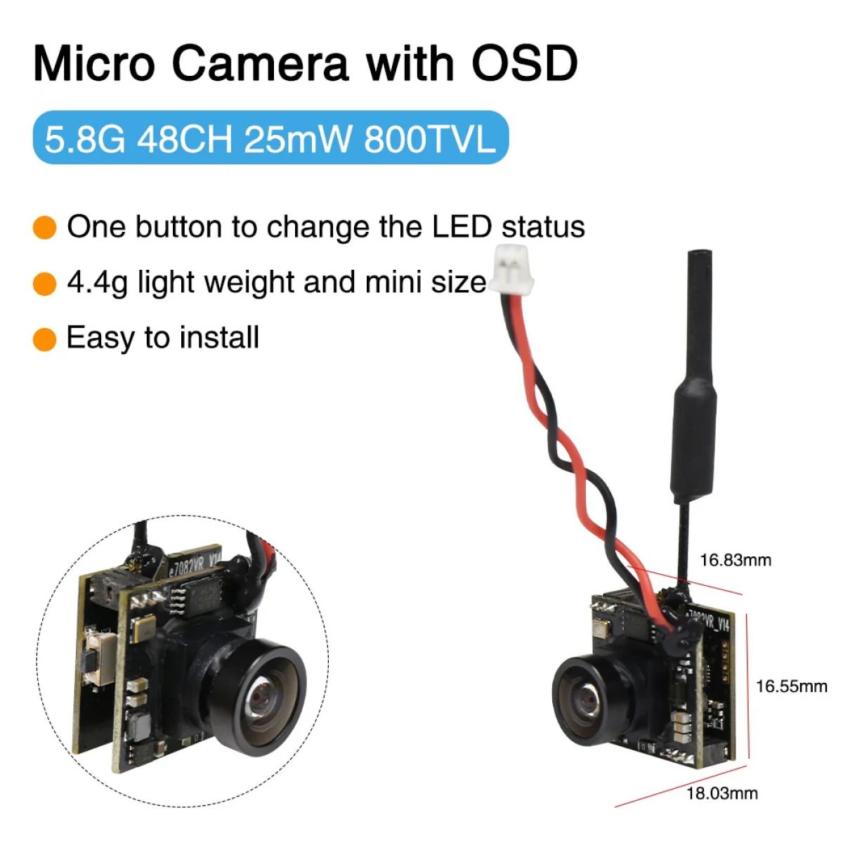 EWRF 800TVL микро-камера с OSD, 5.8G 48CH 200mW FOV170 CMOS AIO FPV для Radiolink F121 квадрокоптера EWRF 800TVL микро-камера с OSD, 5.8G 48CH 200mW FOV170 CMOS AIO FPV для Radiolink F121 квадрокоптера