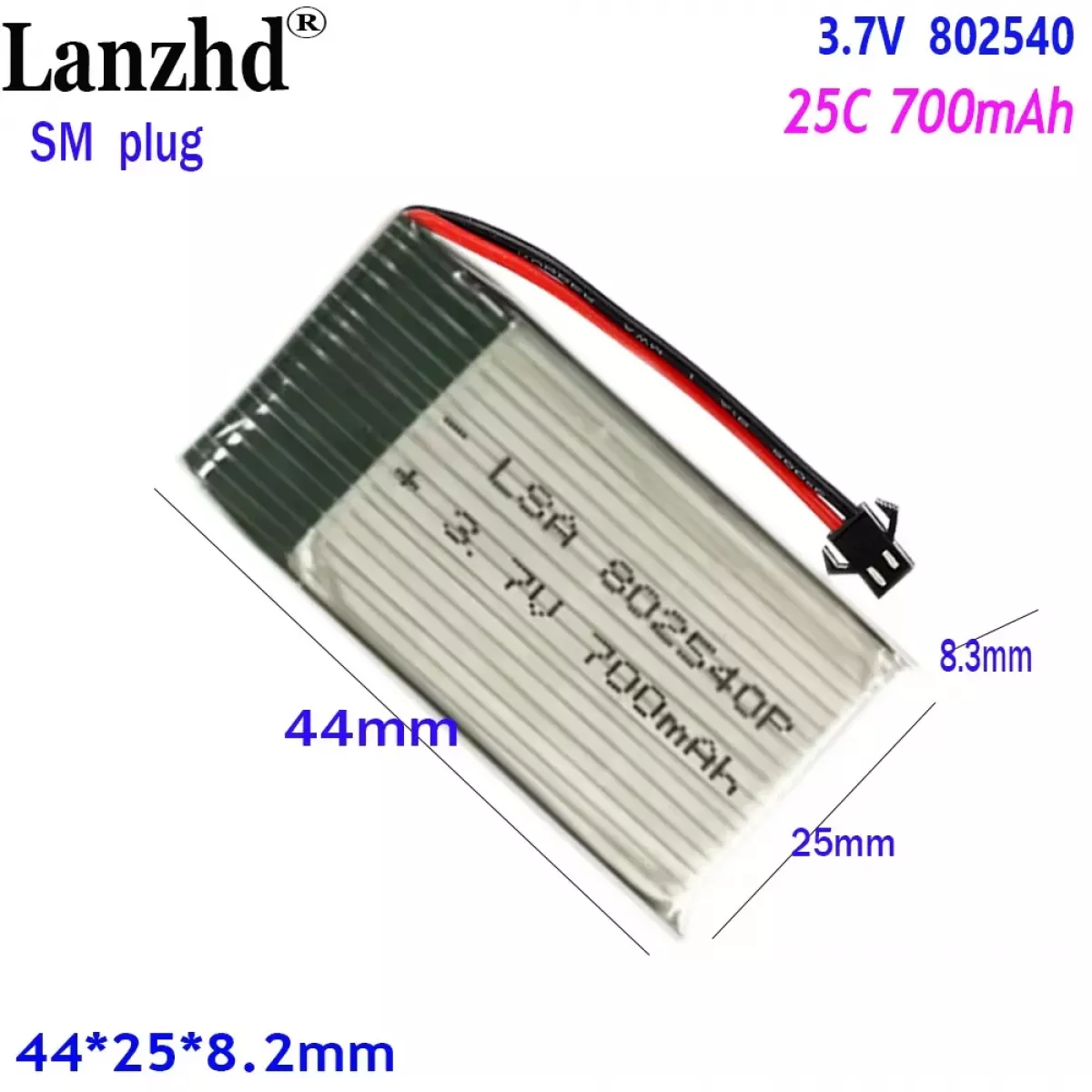 Аккумулятор 802540 25C 3.7V 700мАч с разъемом SM для дрона и авиамодели Аккумулятор 802540 25C 3.7V 700мАч с разъемом SM для дрона и авиамодели