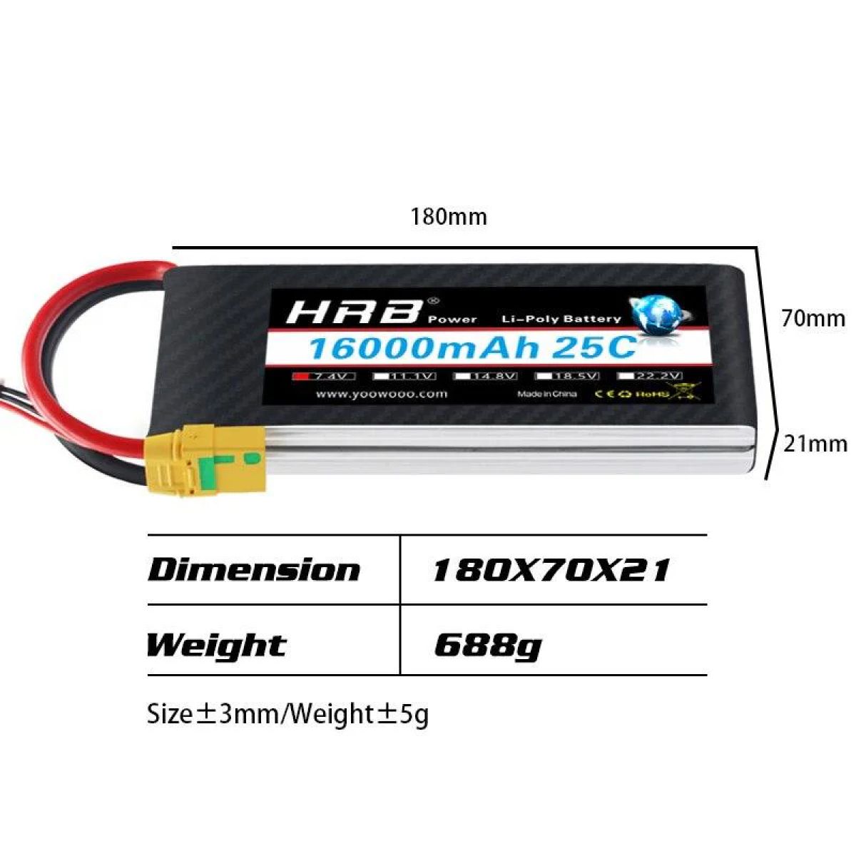 Аккумулятор HRB Lipo 2S 16000mAh 7.4V 25C для RC авто, лодок, дронов, игрушек, разъемы XT60/EC5 Аккумулятор HRB Lipo 2S 16000mAh 7.4V 25C для RC авто, лодок, дронов, игрушек, разъемы XT60/EC5