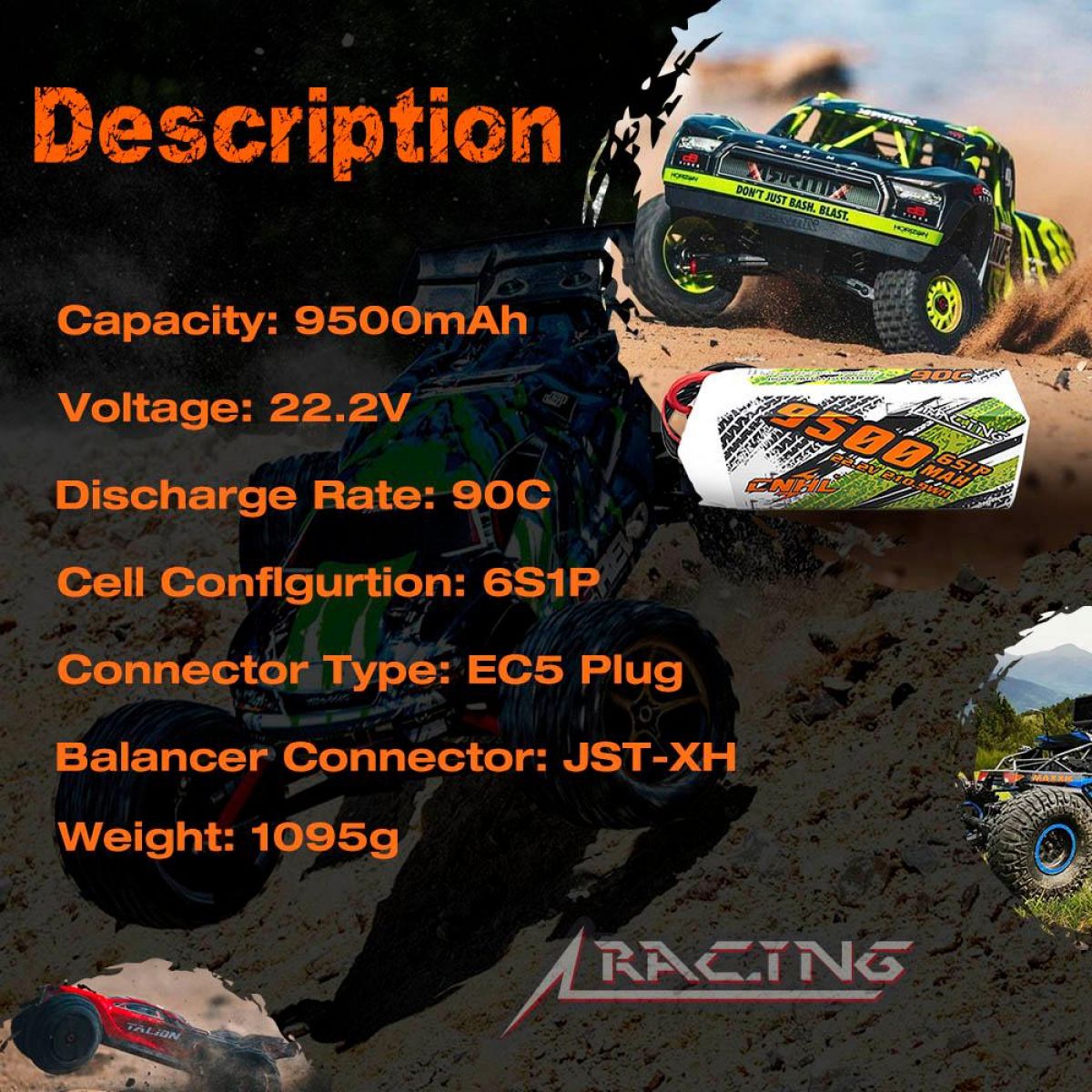 Аккумулятор CNHL Lipo 6S 22.2V 9500mAh 90C EC5 для FPV дрона, RC авто, лодок, танков, самолётов, вертолётов Аккумулятор CNHL Lipo 6S 22.2V 9500mAh 90C EC5 для FPV дрона, RC авто, лодок, танков, самолётов, вертолётов
