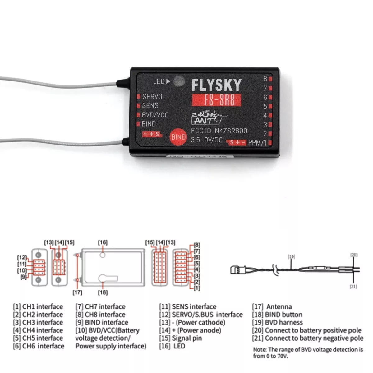 FLYSKY FS-SR8 2.4G 8CH приёмник ANT, 3.5-9В, для пульта FS-ST8, RC вертолётов, авто, катеров