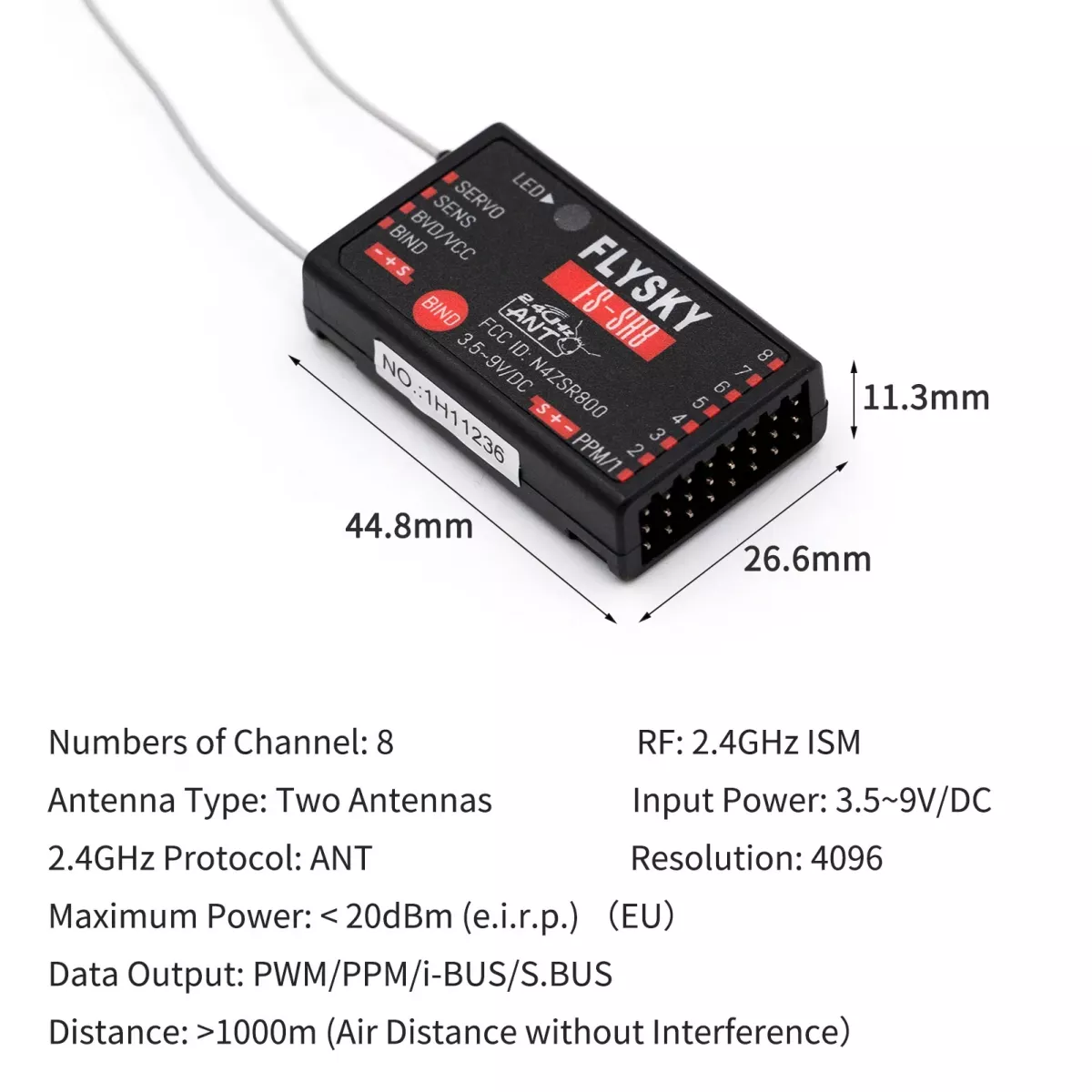 FLYSKY FS-SR8 2.4G 8CH приёмник ANT, 3.5-9В, для пульта FS-ST8, RC вертолётов, авто, катеров