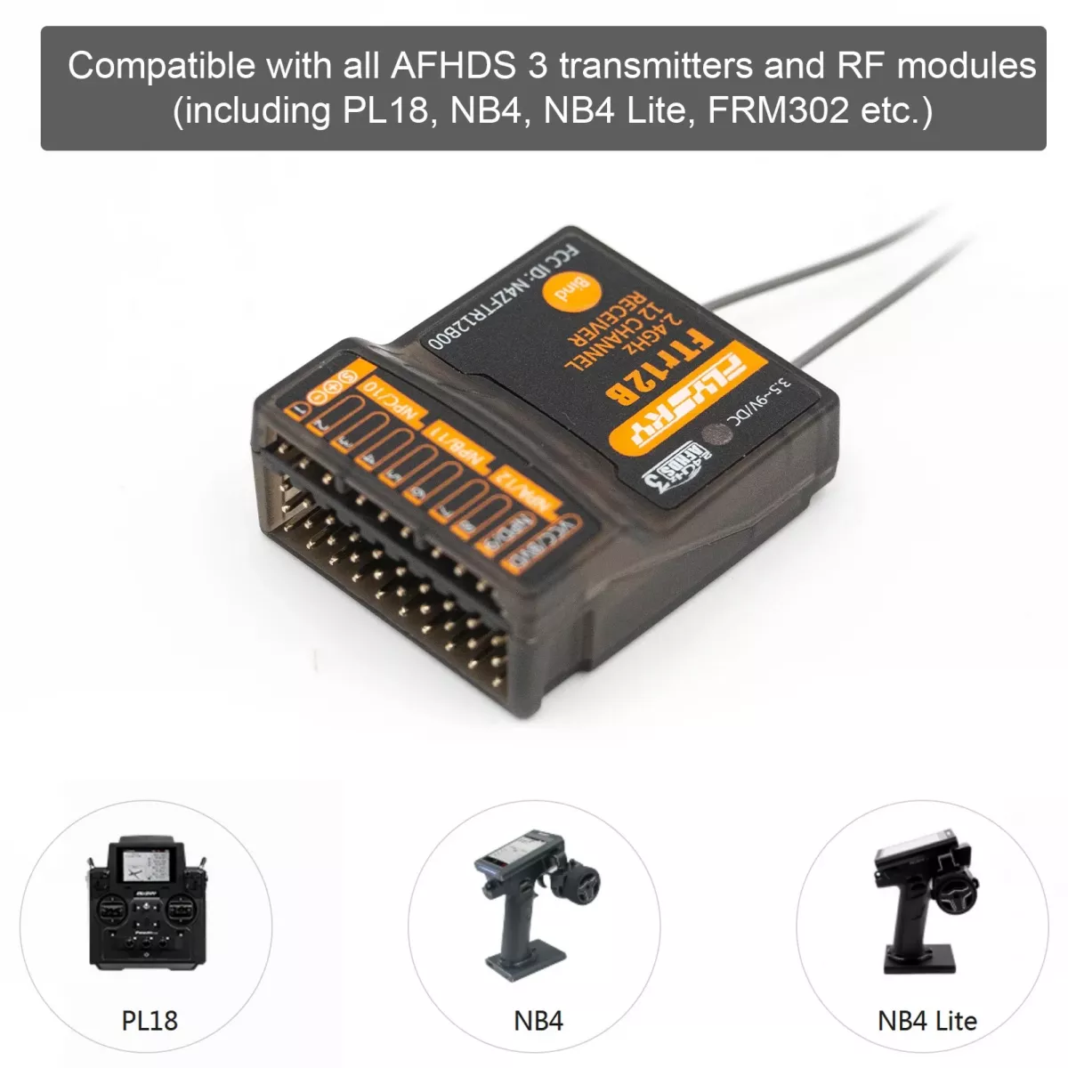 FLYSKY FTR12B 2.4ГГц 12-канальный приёмник для RC моделей, двойные антенны, AFHDS3, PL18, NB4 FLYSKY FTR12B 2.4ГГц 12-канальный приёмник для RC моделей, двойные антенны, AFHDS3, PL18, NB4