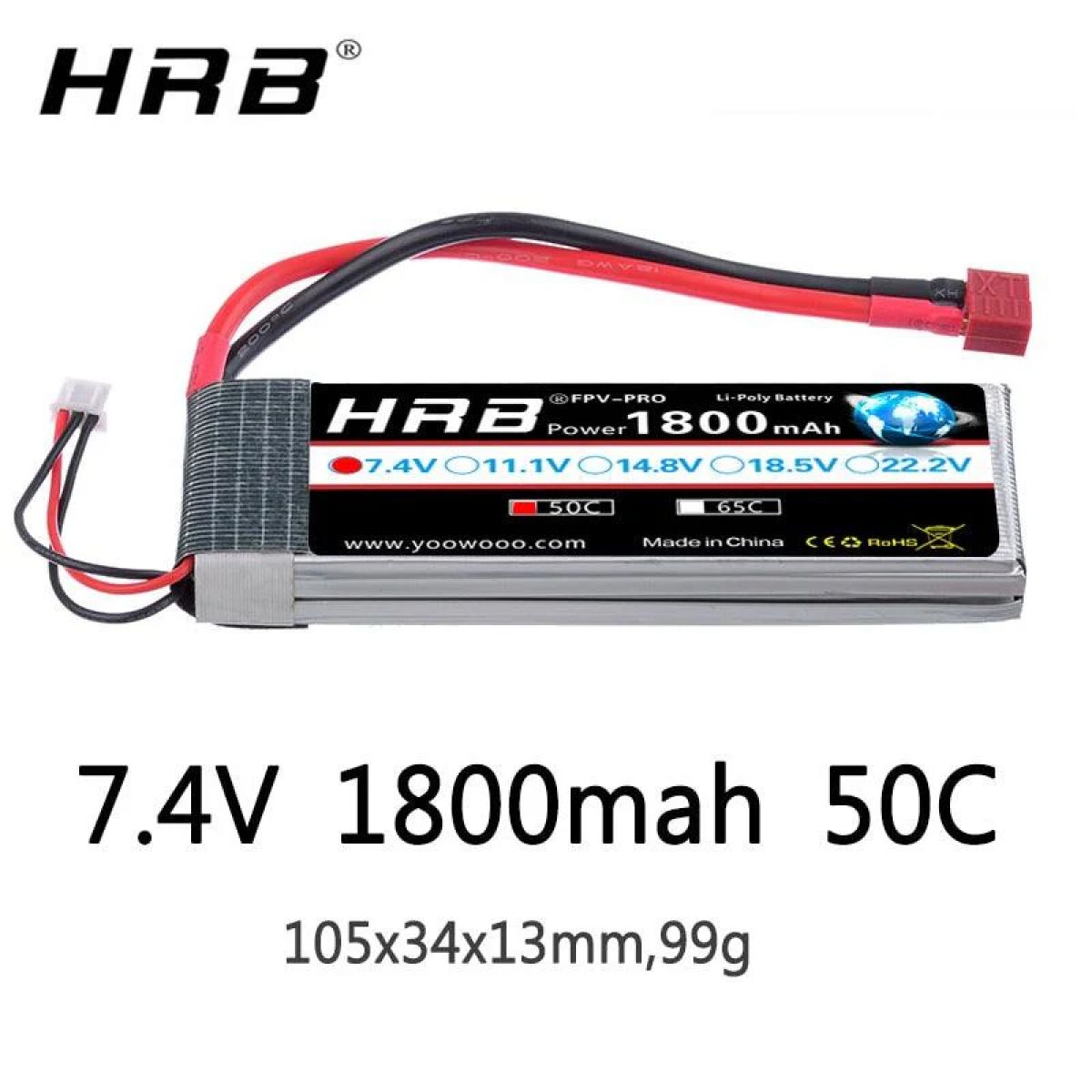 HRB 2S LiPo аккумулятор 7.4В 1800мАч 50C для RC машин, дронов, самолетов, FPV, трагов HRB 2S LiPo аккумулятор 7.4В 1800мАч 50C для RC машин, дронов, самолетов, FPV, трагов