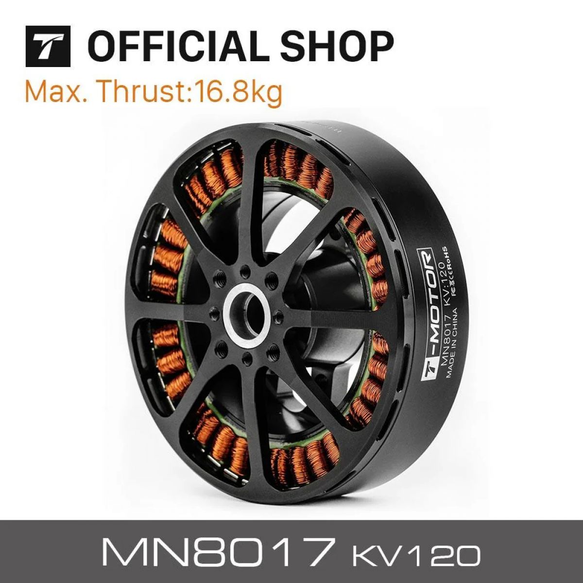 Бесколлекторный мотор T-motor MN8017 KV120 12S, тяга 11.8 кг, для мультикоптеров и агродронов Бесколлекторный мотор T-motor MN8017 KV120 12S, тяга 11.8 кг, для мультикоптеров и агродронов