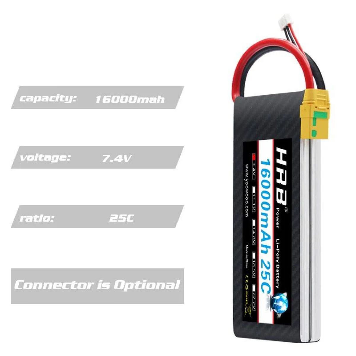 Аккумулятор HRB Lipo 2S 16000mAh 7.4V 25C для RC авто, лодок, дронов, игрушек, разъемы XT60/EC5 Аккумулятор HRB Lipo 2S 16000mAh 7.4V 25C для RC авто, лодок, дронов, игрушек, разъемы XT60/EC5
