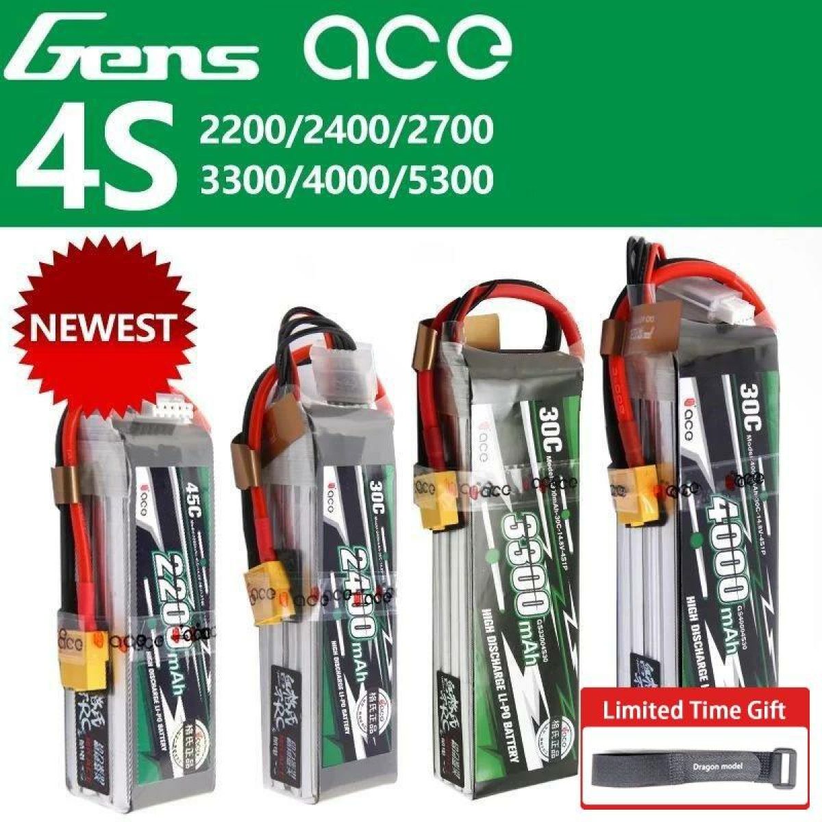 Аккумулятор Gens ACE LiPo 4S 14.8В 2200/2600/3300мАч с разъемом T/XT60 для FPV дрона и самолёта Аккумулятор Gens ACE LiPo 4S 14.8В 2200/2600/3300мАч с разъемом T/XT60 для FPV дрона и самолёта
