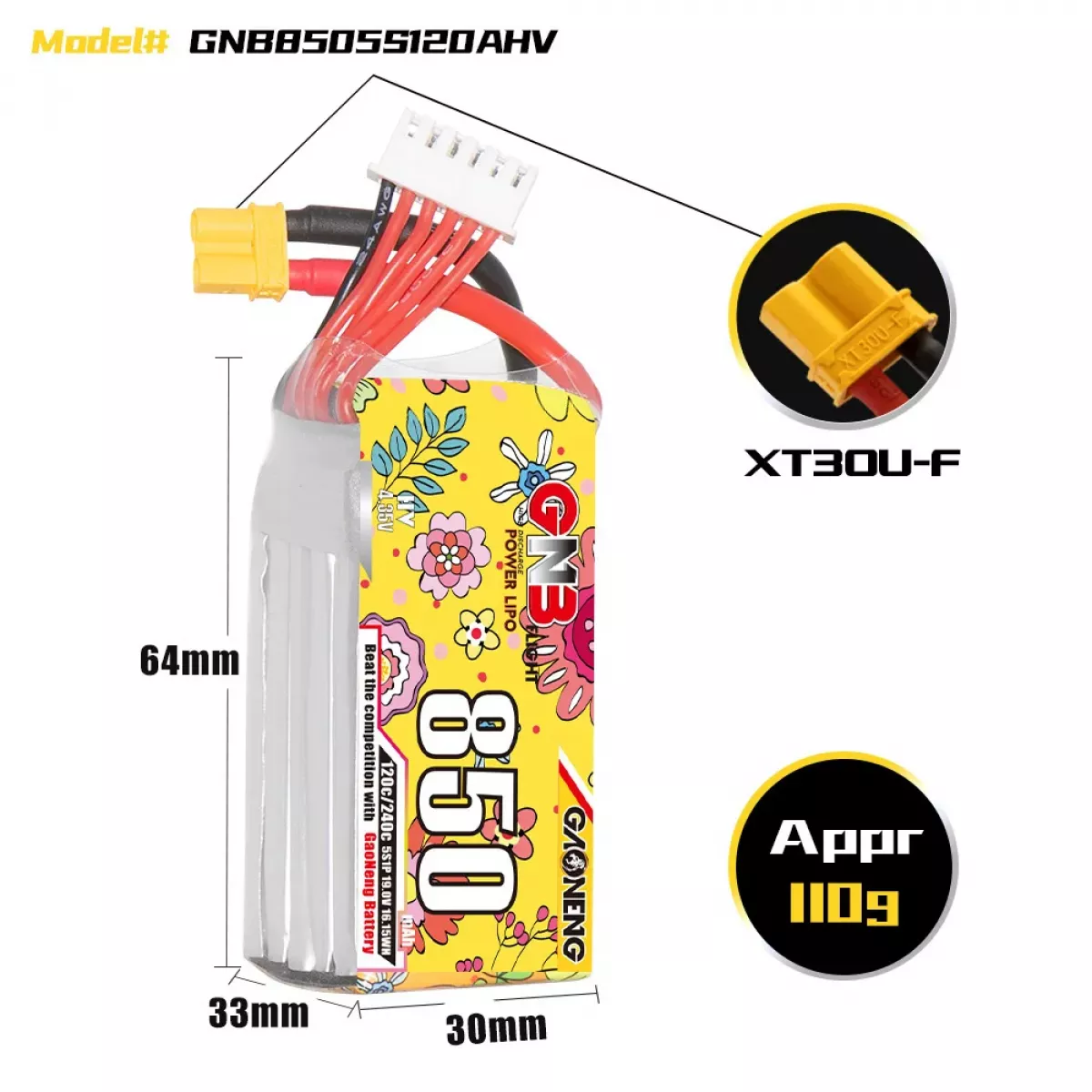 Аккумулятор GNB 5S 19.0V 850mAh 120C/240C LiPo для дрона с разъёмом XT30 Аккумулятор GNB 5S 19.0V 850mAh 120C/240C LiPo для дрона с разъёмом XT30